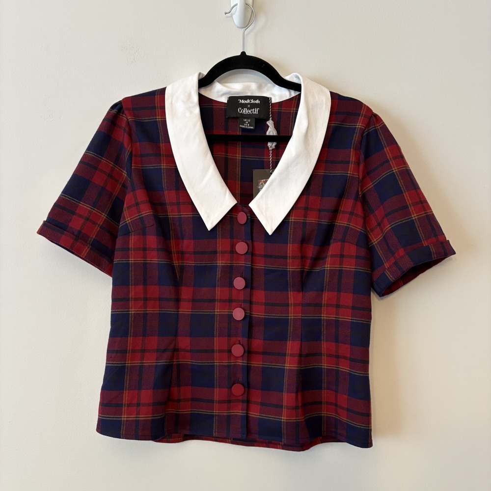 NWT Modcloth Collectif  Red Plaid Button Up Top US 8 Academia Preppy Twee Goth